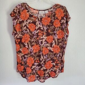 Haute Hippie Shirt Womens Large Brown Red Floral Linen Lightweight Boho Top‎